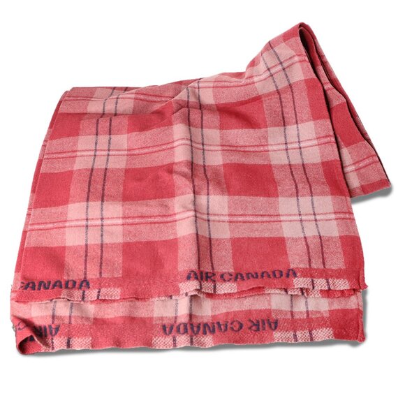 Vintage Air Canada Plaid Wool Blanket Red Checked Retro 70s Travel Red Pink Navy - Picture 2 of 9